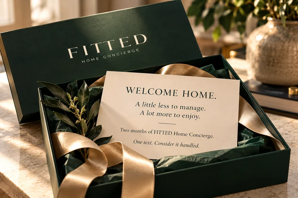 A forest-green FITTED gift box with a champagne ribbon and an ivory card reading: Welcome home. A little less to manage. A lot more to enjoy. Two months of FITTED Home Concierge.