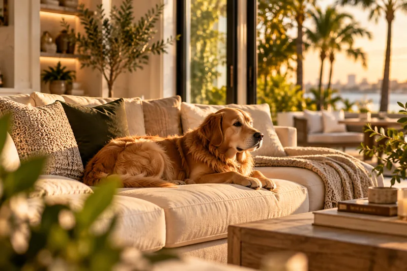 A golden retriever resting on a cream sofa in a sunlit living room, with palms and water visible through open doors