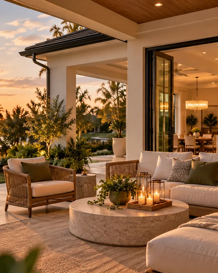 A covered patio at sunset opening into a warmly lit kitchen and living space, with a lounge set for the evening and the water beyond